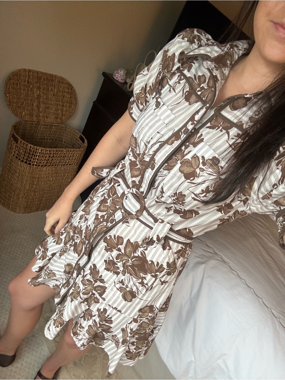 Floral Belted Shirt Dress in Brown and Cream